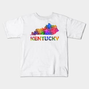 Colorful mandala art map of Kentucky with text in multicolor pattern Kids T-Shirt